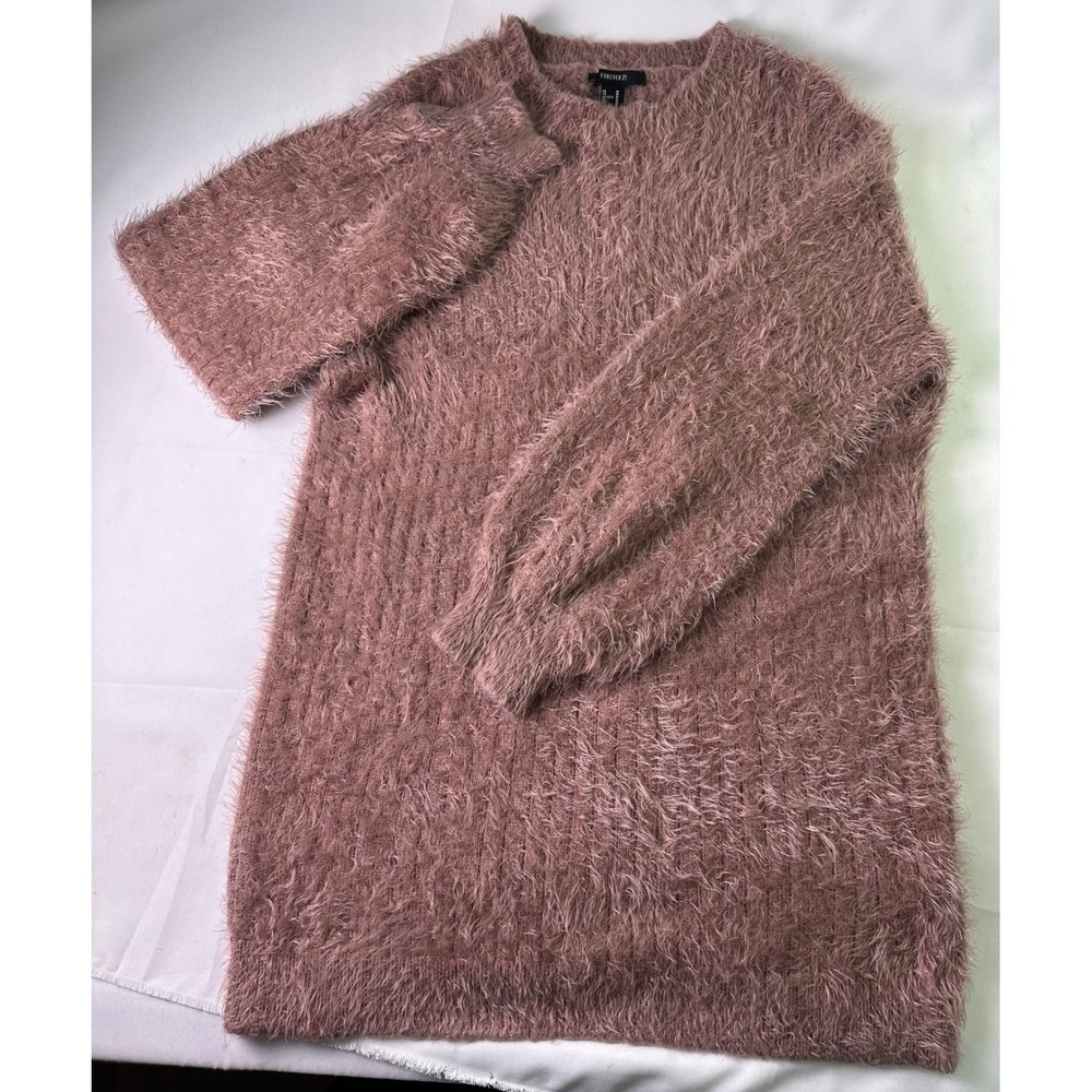 Forever 21 Fuzzy Eyelash Knit Sweater Dress Mauve Pink Soft Plush Mini Medium M